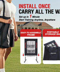 Man carrying Baseball Pitching Net Pro with 9 Hole Strike Zone Target in portable storage bag, setup instructions shown nearby.