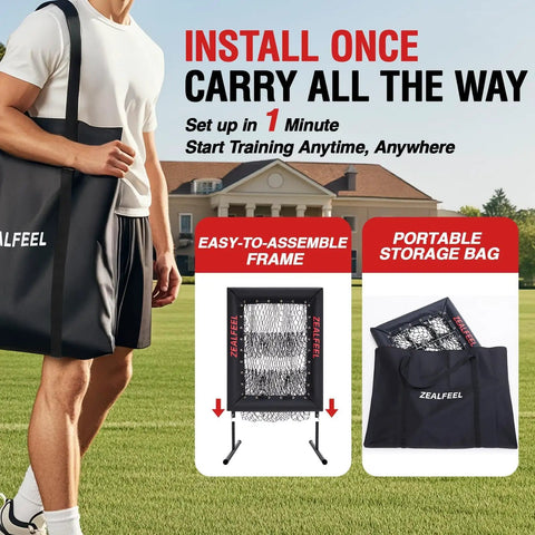 Man carrying Baseball Pitching Net Pro with 9 Hole Strike Zone Target in portable storage bag, setup instructions shown nearby.