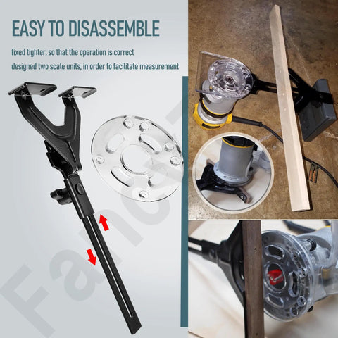 Rock Solid Router Edge Guide For Knockout Precision Cuts On DeWalt Fixed Base Compact Tools and Porter Cable Sub Bases, featuring easy disassembly and measurement scale.