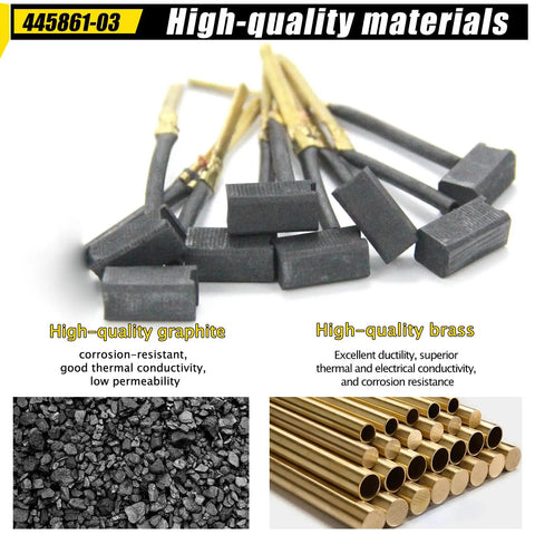 Hella Durable Job Site Essential Eight Pack Replacement Electric Motor Carbon Brushes Part Numbers 445861 03 And 445861 25 showing graphite and brass components.