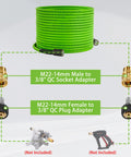 PWACCS 50 ft green 1/4 in pressure washer hose with M22-14mm to 3/8 in QC adapters at ends