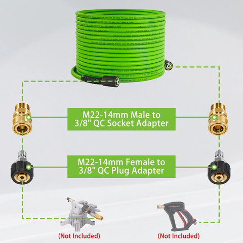 PWACCS 50 ft green 1/4 in pressure washer hose with M22-14mm to 3/8 in QC adapters at ends