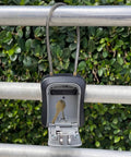 Portable Key Lock Box With Cable Shackle And Wall Mount Waterproof Metal Key Safe open showing keys attached to railing