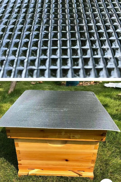 Close-up of bead-structured Five Pack Thickened Aluminum Reflective Insulation Film For Beehives on a wooden hive.