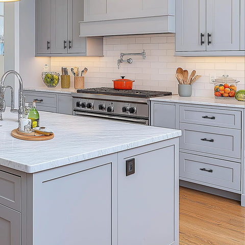 Modern kitchen with 3 Inch Black Cabinet Handles 30 Pack Square Zinc Alloy Pulls visible on light gray cabinets