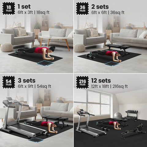 18 Piece EVA Interlocking Foam Floor Tiles Gym Mat Set with edge pieces installed in home gym and garage workout areas.