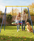 Heavy Duty 550lbs Metal Swing Set for Backyard Built Like a Tank Full Steel A Frame Swing Stand with family and dog