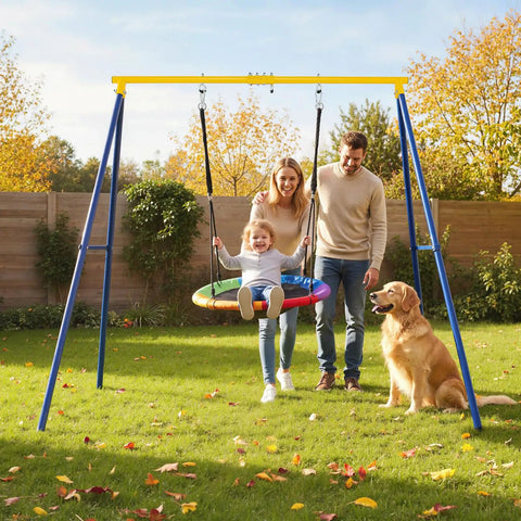 Heavy Duty 550lbs Metal Swing Set for Backyard Built Like a Tank Full Steel A Frame Swing Stand with family and dog