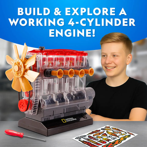 Child with 4 Cylinder Engine Building Kit With 175 Pieces, visible engine model, screwdriver and stickers in view