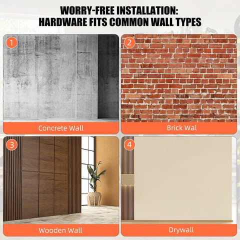 Four wall types suitable for Four Pack Large Square Garage Wall Hooks 7.7 Inch Heavy Duty Hangers installation