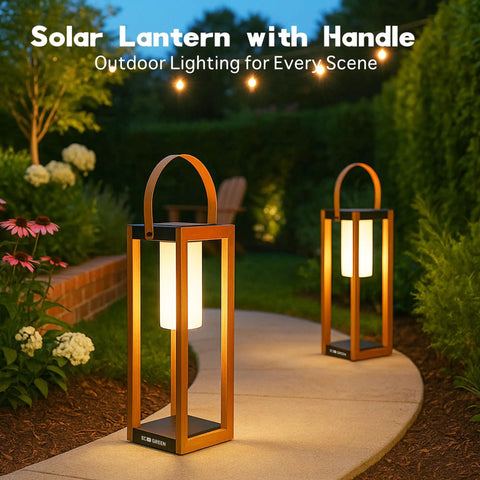 Rustic Solar Lantern For Outdoor Use With Portable Handle, 22 Inch Tall, illuminating garden pathway, farmhouse style