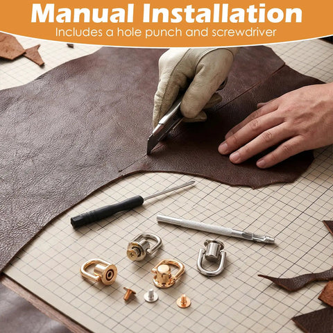4 Pcs D Ring Hardware Kit For Purses And Bags 360 Degree Rotatable D Ring Studs And Screw Ball Rivets on a craft table