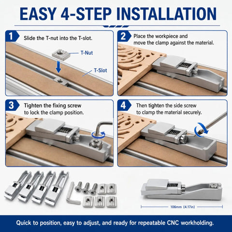 4 Pack Low Profile Aluminum Toe Clamps For CNC Router Vise Upgrade With Lateral Side Pressure, step-by-step installation guide