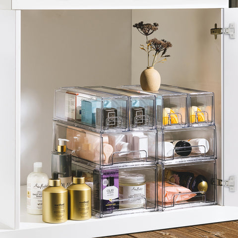 Must-Have Large Clear Stackable Storage Drawers 2-Pack With Handles Easy Pull-Out Plastic Organizer Bins in cabinet