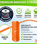 Orange Mason Line String Nylon Twine 250 Feet Braided Size 18 Built Tough Heavy Duty Construction String for gardening infographic