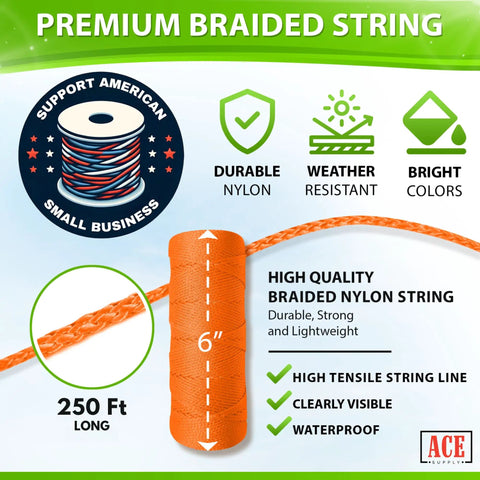 Orange Mason Line String Nylon Twine 250 Feet Braided Size 18 Built Tough Heavy Duty Construction String for gardening infographic