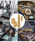 Collage showing 50 Pcs Dope 3D Printing Brass Nuts M5 Threaded Inserts Heat Set Tip Kit and applications in electronics and machinery.