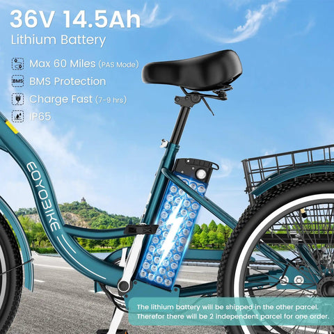 Electric Trike for Adults With Stable Three Wheel Design, Easy Low Step Frame, Up to 60 Mile Range, 24 or 26 Inch Wheels, Comfortable Adjustable Seat, Perfect for Seniors and Beginners, Smooth Everyday Rides lithium battery and seat close-up