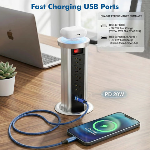 Pop Up Countertop Power Outlet With USB C And Four AC Sockets Slick Recessed Receptacle Pull Up Socket 10W Wireless Charger