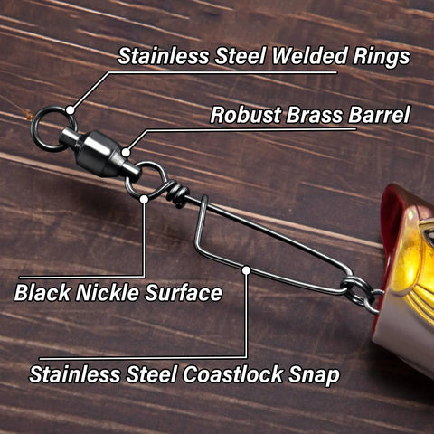 30 Pack Fishing Snap Swivels With High Strength Ball Bearing Swivel, Stainless Steel Coastlock Snaps, Black Nickel Coating, Built To Last In Freshwater And Saltwater, Corrosion Resistant, Size Four, black nickel snap swivel with lure