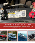 Universal Car Battery Terminal Set Including One Pair Positive And Negative Connectors With Felt Fiber Washers Heavy Duty Battery Terminal Adapters For Cars Trucks SUVs RVs Motorcycles Boats And Other Marine Vehicles shown installed on a car battery.