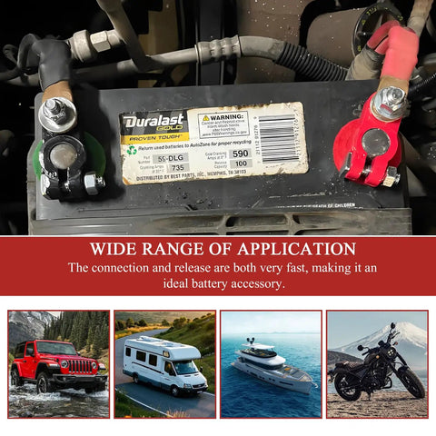 Universal Car Battery Terminal Set Including One Pair Positive And Negative Connectors With Felt Fiber Washers Heavy Duty Battery Terminal Adapters For Cars Trucks SUVs RVs Motorcycles Boats And Other Marine Vehicles shown installed on a car battery.