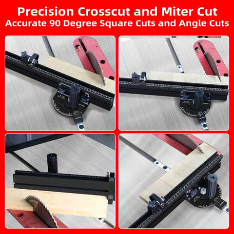 Professional Portable Miter Gauge For Table Saw With 18 Inch Fence, showing precise crosscut and miter cut setup for accurate woodworking.