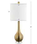 Brass Gold Crystal Teardrop Table Lamp With White Linen Drum Shade, 25 Inches Tall, LED Bulb Included, front view