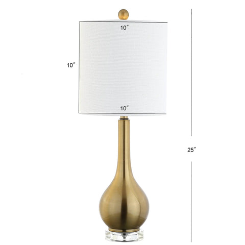 Brass Gold Crystal Teardrop Table Lamp With White Linen Drum Shade, 25 Inches Tall, LED Bulb Included, front view