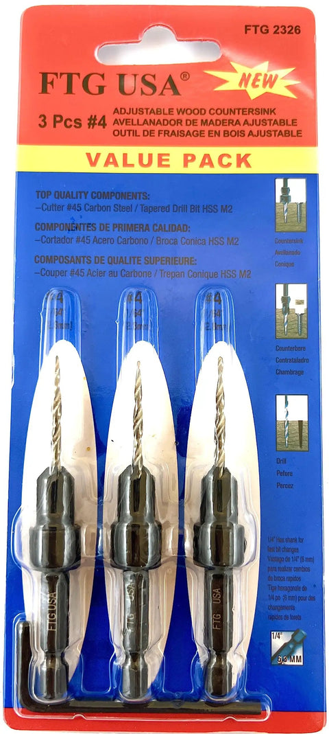 Pro Grade Carbon Steel Countersink Drill Bit Set For Precision Woodworking Includes Three 45 Degree Tapered 7/64 Inch Bits Plus One Allen Key in package.