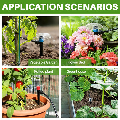 Easy Setup Automatic Drip Irrigation Kit With Quick Connect Tubing For Gardens And Greenhouses Includes 98 Ft 1 Quarter Inch And 49 Ft 1 Half Inch Tubing 15 Drip Heads And 15 Sprinklers All In One Watering System For Yard Lawn And Raised Beds