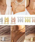 Layering Necklace Clasp That Keeps Your Chains From Tangling, Magnetic Connector In 18K Gold And Silver Tone, shown with necklaces