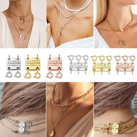 Layering Necklace Clasp That Keeps Your Chains From Tangling, Magnetic Connector In 18K Gold And Silver Tone, shown with necklaces
