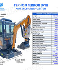 2 Ton Prestige Mini Excavator With Heated Cabin And Air Conditioning 16HP Diesel Engine EPA Certified specifications chart