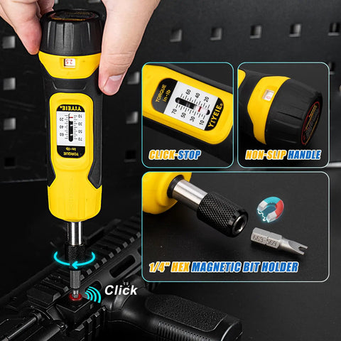 Close-up of 60Pcs Torque Screwdriver Wrench Set With One Quarter Inch Drive, adjustable torque, non-slip handle, magnetic bit holder in use