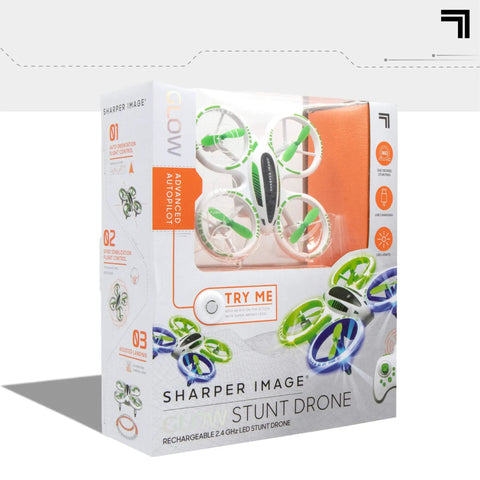 Glow Up Mini RC Drone With LED Lights For Kids And Beginners, 2.4 GHz Quadcopter packaging display with drone and features