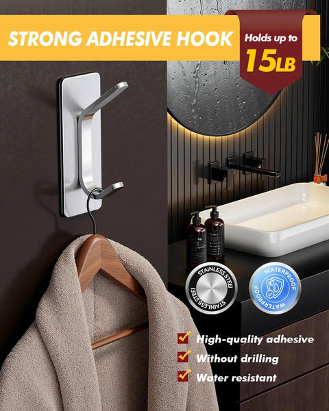 Heavy Duty Stainless Steel Self Adhesive Hooks 15lb Pack of 5 Double Hook Design for Coat Towel Robe No Drill Door Hanger Waterproof Rustproof
