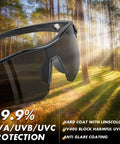 Six Pack Safety Glasses ANSI Z87.1 Plus UV Protective Eyewear with dark lenses and sleek frame shown in sunlit forest.