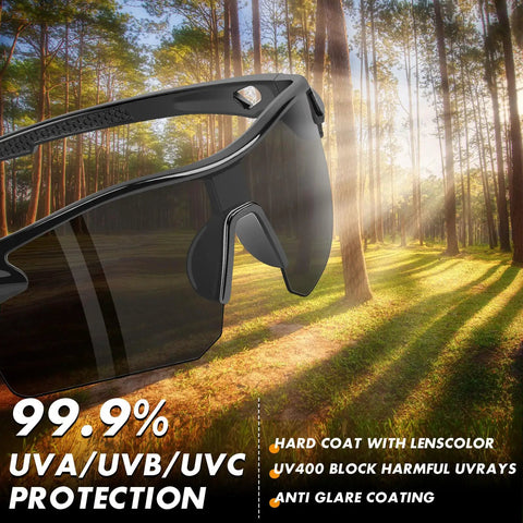Six Pack Safety Glasses ANSI Z87.1 Plus UV Protective Eyewear with dark lenses and sleek frame shown in sunlit forest.