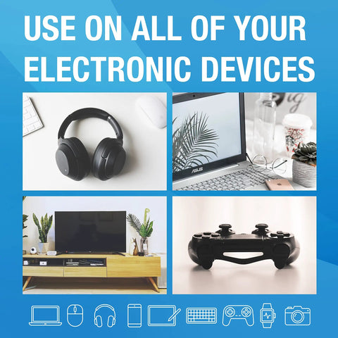 Image of electronics: headphones, laptop, TV, game controller, promoting Dope All In One Electronics Cleaning Spray Kit With Microfiber Towel For TV Phone Monitor Laptop Keyboard Tablet And More Safe Gentle Screen Cleaner 16 Ounce Kit.