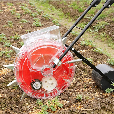 Walk Behind Seed Planter For Home Gardens With Six Seed Openings Clear Seed Storage Box No Fuss Easy To Use Hand Push Roller Planter