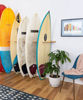 Vertical Timber Wall Rack That Holds 6 Surfboards For Home Or Garage Beefy Natural Hardwood Mount With Cork Padded Arms To Prevent Dings Stylish Furniture Quality Display That Keeps Boards Safe Organized And Ready To Ride