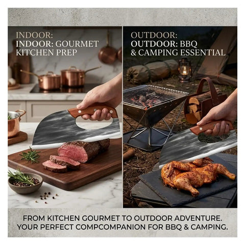 Hand Forged High Carbon Steel Chef Knife And Cleaver Set For Kitchen, BBQ And Camping used for slicing meat and chicken