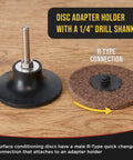 Disc adapter holder with 1/4 inch drill shank, part of the 46 Piece 3 Inch Sanding Discs Variety Pack With Coarse Medium Fine Grits Quick Change Backing Pad One Quarter Inch Drill Adapter And Holder Included For Rust Removal Paint Stripping And Oxidation Prep In Home Workshop.