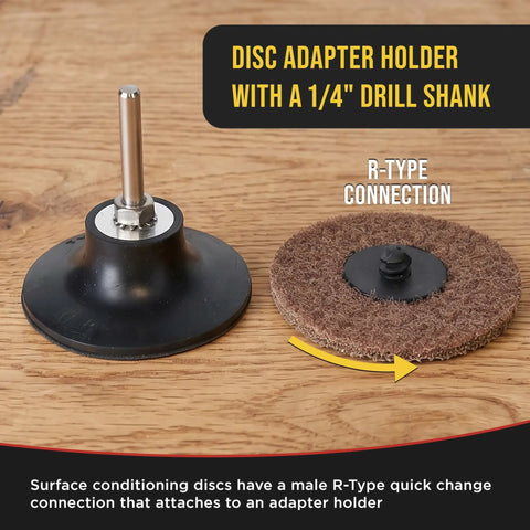 Disc adapter holder with 1/4 inch drill shank, part of the 46 Piece 3 Inch Sanding Discs Variety Pack With Coarse Medium Fine Grits Quick Change Backing Pad One Quarter Inch Drill Adapter And Holder Included For Rust Removal Paint Stripping And Oxidation Prep In Home Workshop.