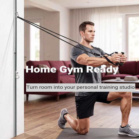 Solid Dual Sliding Wall Anchor Rail System With Adjustable Height For Resistance Bands And Suspension Trainers Made From Heavy Duty Aluminum, shown in a home gym setup.
