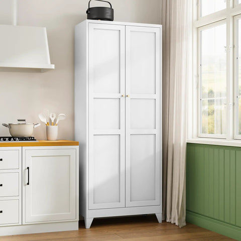 Badass Heavy Duty Metal Storage Cabinet With Two Doors And Four Expansive Shelves, Slick White Farmhouse Pantry Organizer For Kitchen.