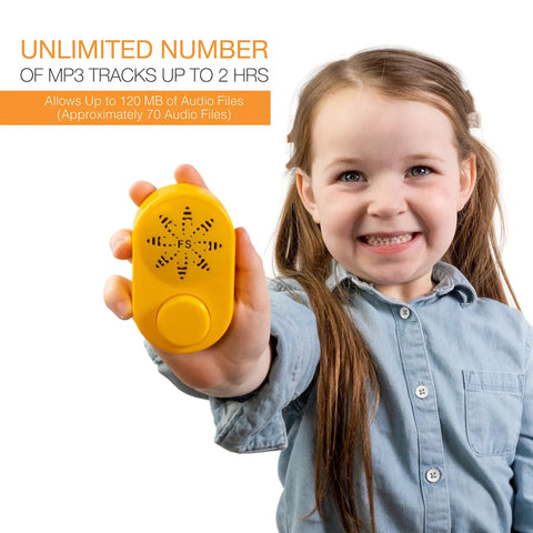 Child holding a yellow Plug And Play MP3 Sound Module For Stuffed Animals With Extended Two Hour Recording Time.
