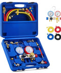 Four Way AC Diagnostic Manifold Gauge Kit With Five Foot Hoses For R134A R410A R22 Complete Gauge Set Includes Color Coded Hoses Quick Couplers Adapters And Puncture Style Can Tap For Easy Refrigerant Service, blue case open
