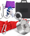 Beast Mode Ultra Strong 800 Lb Fishing Magnet Kit with double-sided magnets, rope, grappling hook, carabiner, and accessories
